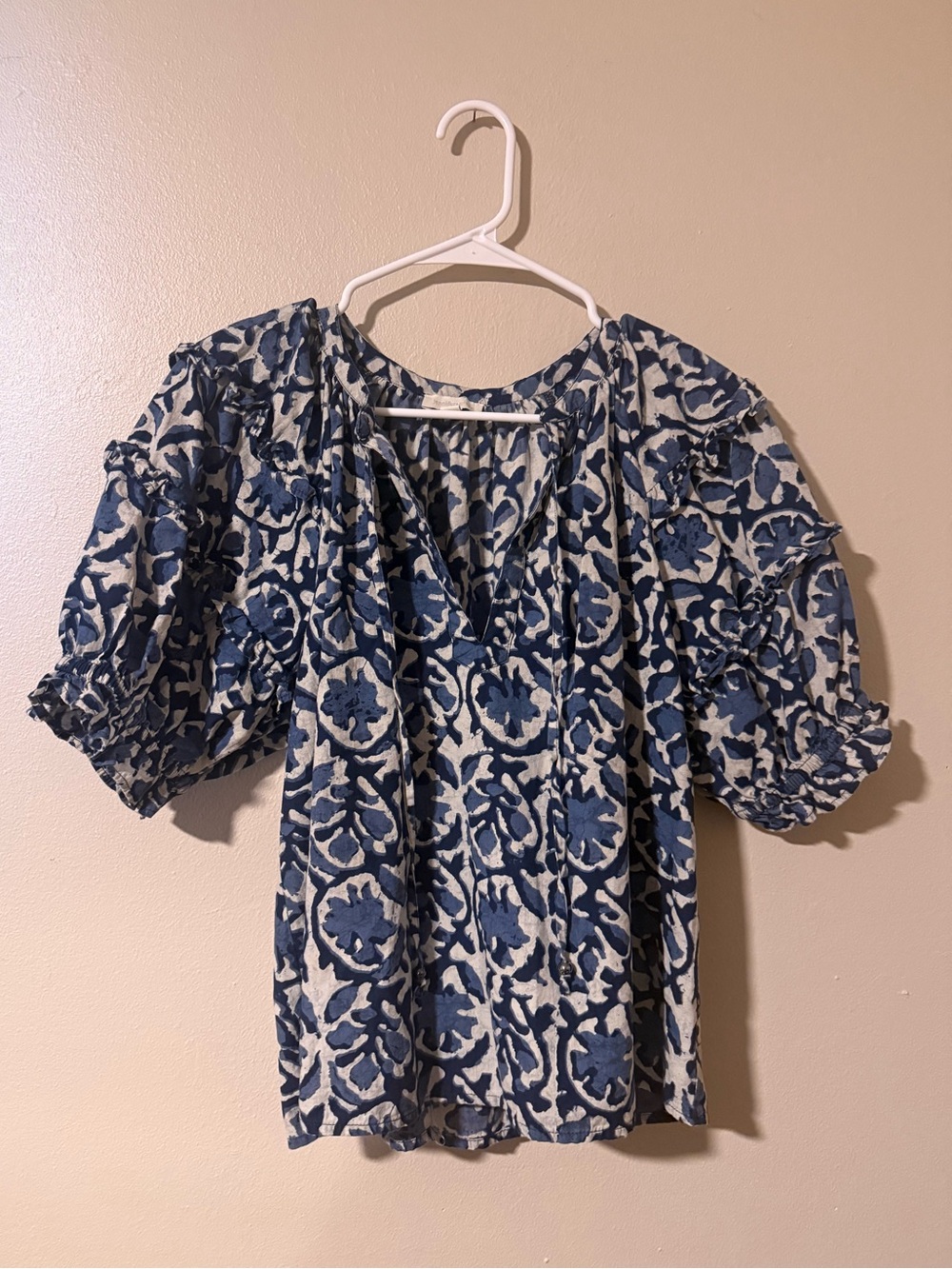 Jennifer Grace Blue Floral 100% Cotton Ruffle Puff Sleeve Blouse Size Large